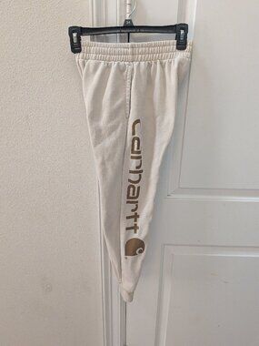 Carhartt Sweatpants Boys Small 8-10 Beige Jogger Pockets Big Logo Outdoor